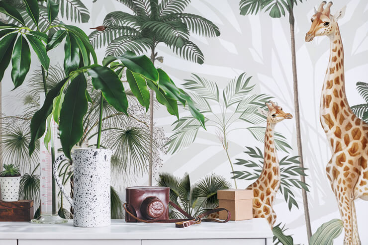giraffe wallpaper shelves with green plant and camera