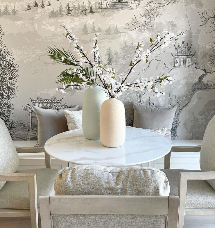 grey chinese garden wallpaper in neutral dining room
