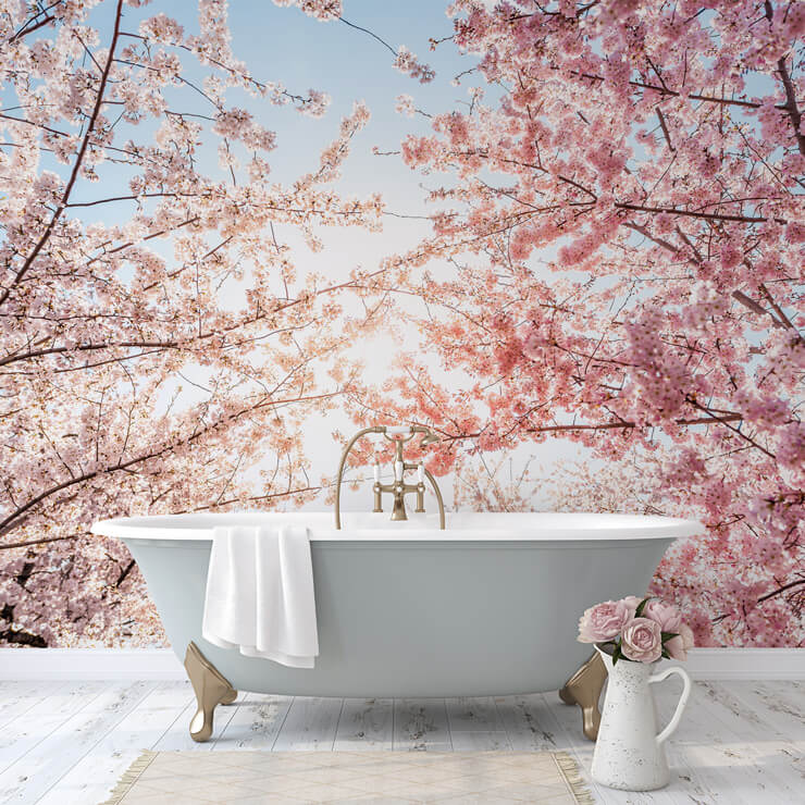 pink cherry blossom branch wallpaper in grey bathroom