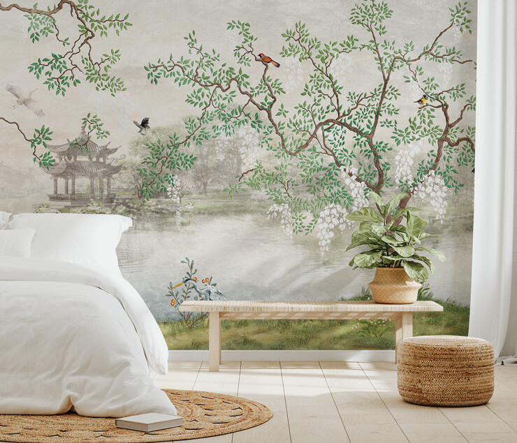 antique effect japanese wallpaper in simple bedroom
