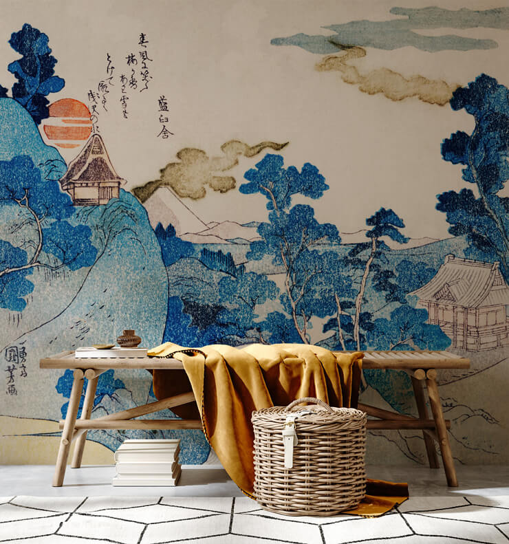 japanese wallpaper with navy and orange landscape in mudroom