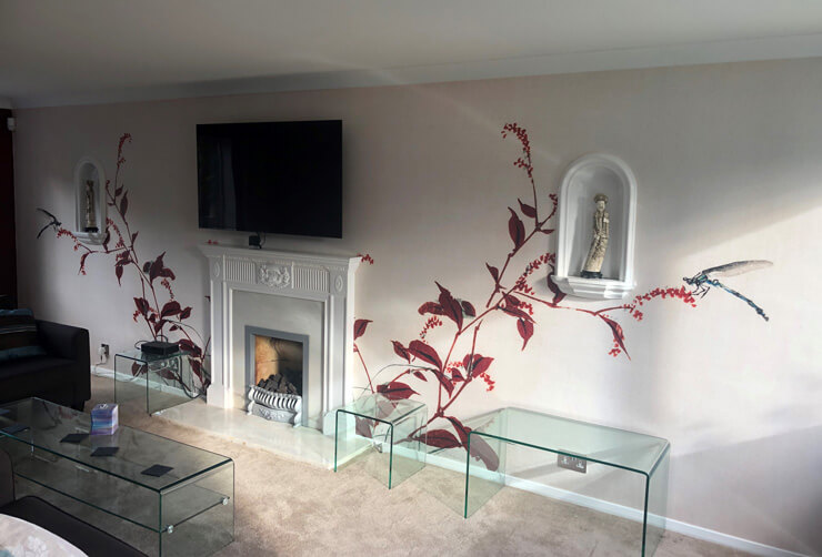 off-white and red leaves with dragonfly wall mural in minimalist lounge