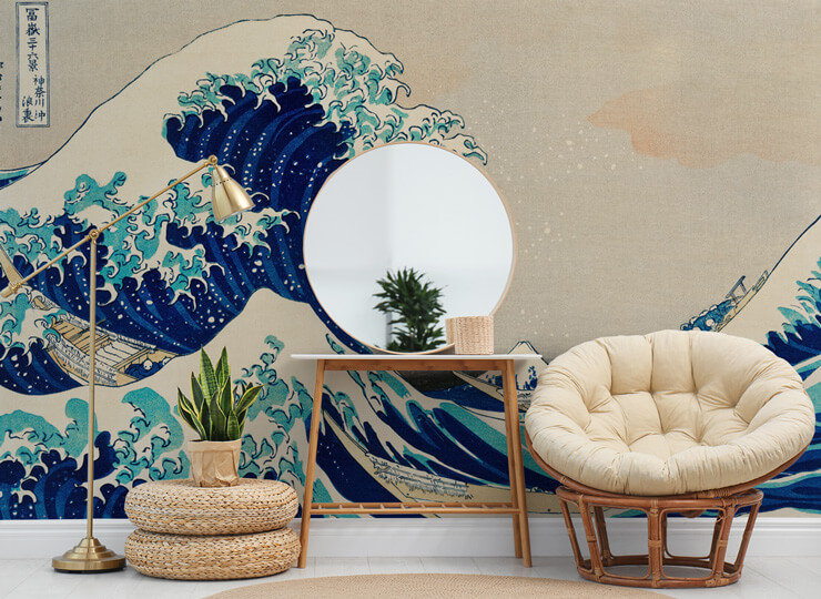japanese wallpaper with waves art in oriental dressing room