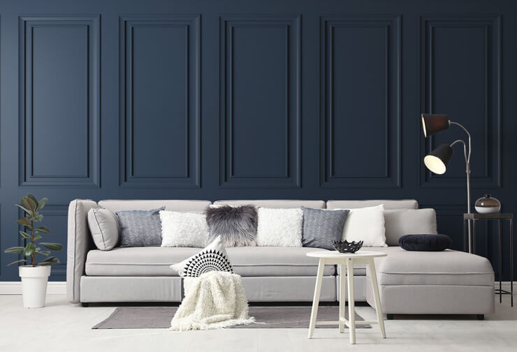 navy blue panel wall mural in stylish grey living room