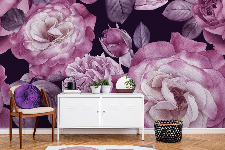 dark purple watercolour roses mural in lounge with white cabinet