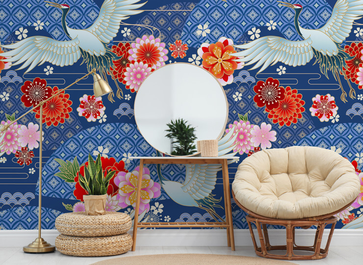 bright red and blue oriental floral and crane wallpaper in boho dressing room