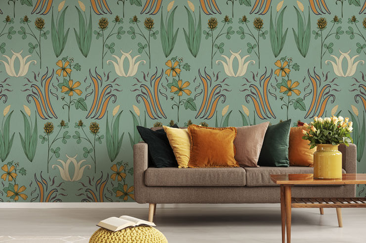 light green and orange vintage pattern wallpaper in maximalist design lounge