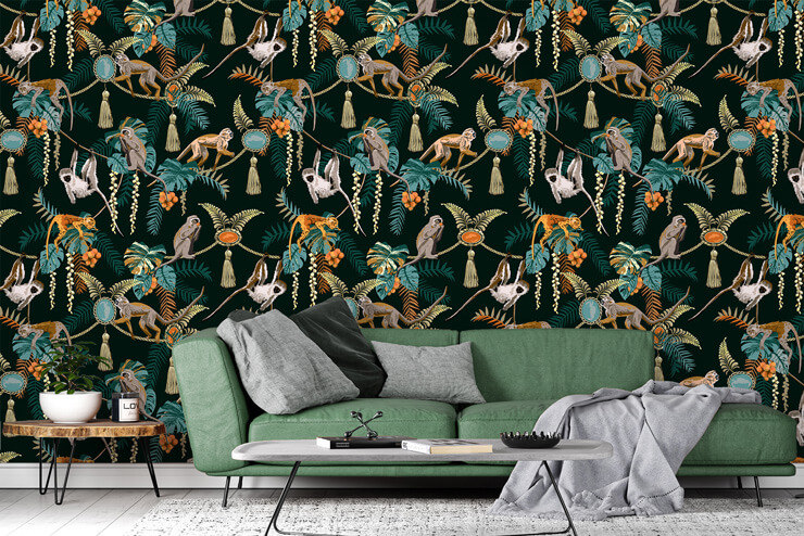 maximalist design monkey wall mural in green and black lounge