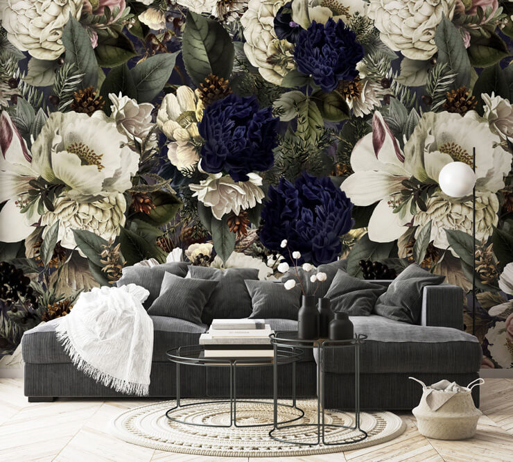 dark navy, grey and white floral wallpaper in grey modern living room