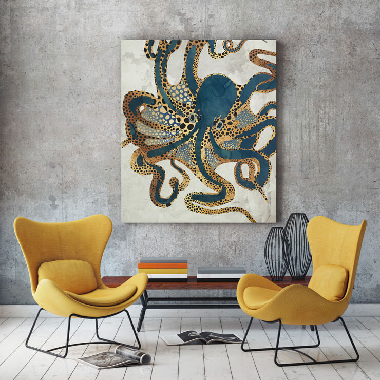 navy and gold colour octopus maximalist design metal print in grey and yellow seating area
