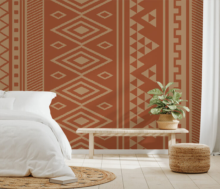 terracotta patterned wallpaper mural in minimalist bedroom