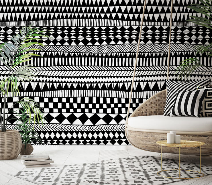 monochrome tribal wallpaper in tribal home decor ideas styled room