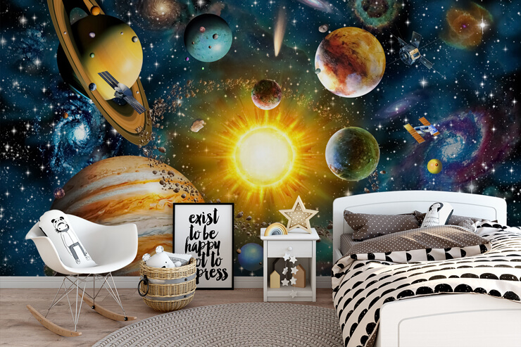 colourful universe wallpaper in child's black and white bedroom