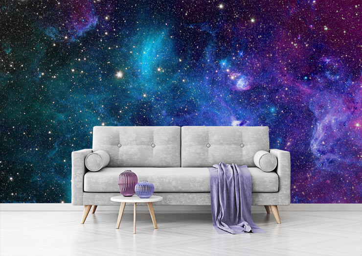 purple toned nebula wallpaper in grey and purple living room