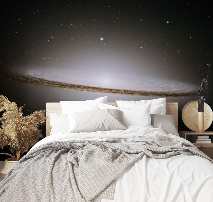 photo of galaxy wallpaper in white bedroom