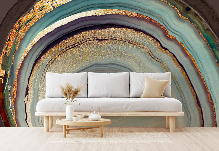 grey, purple and gold geode marble mural in light grey and beige lounge