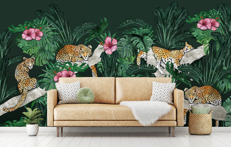 dark green jungle illustration with leopards wallpaper