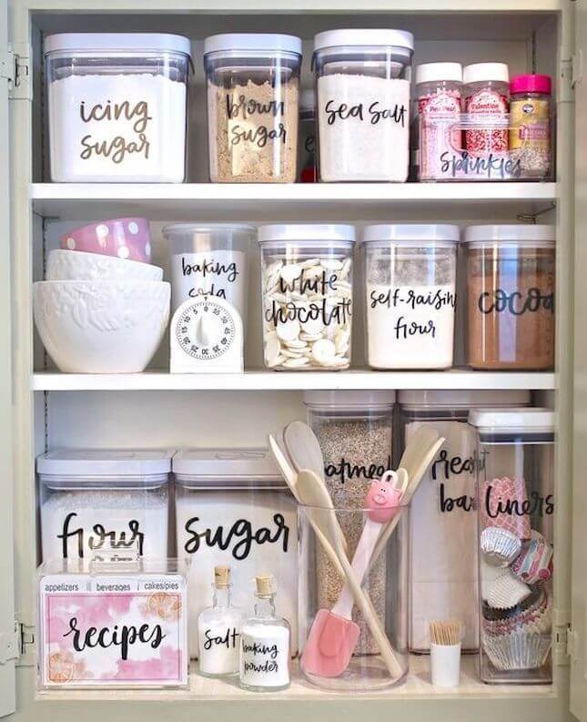 baking cupboard full of labelled baking ingredients