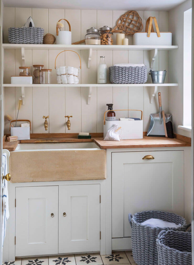 Old Fashioned Laundry Room with sink and shelving showing perfect home organisation