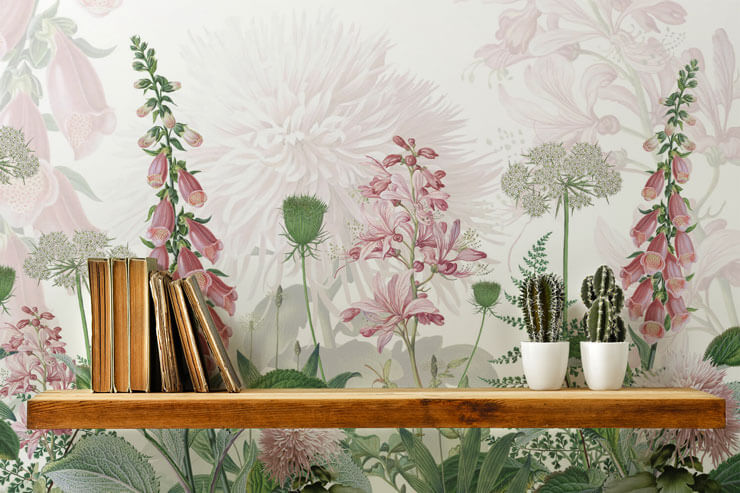 pink meadow flowers wallpaper behind wooden shelf