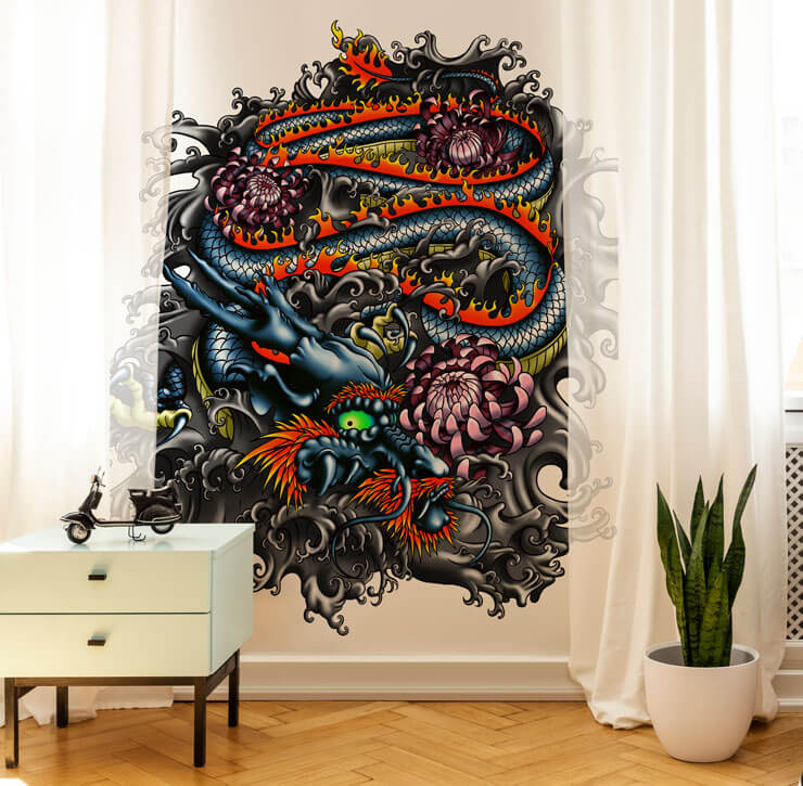 dark illustrated dragon snake wallpaper in light room with plant