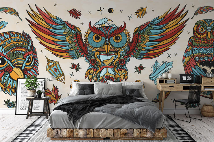 red, orange and blue owl tattoo wallpaper in dark wooden bedroom