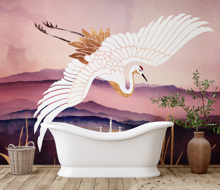 pink bird wallpaper in relaxing bathroom with roll top bath