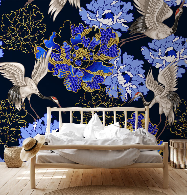 blue bird wallpaper in neutral rustic bedroom