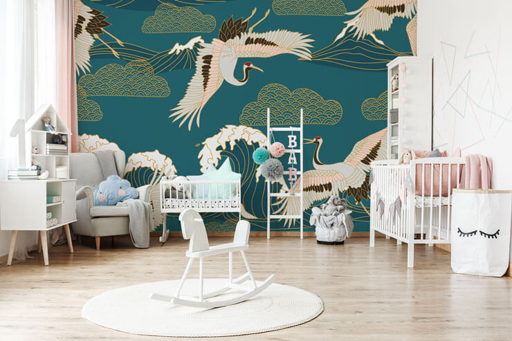 green crane wallpaper in gender neutral nursery