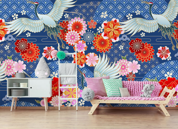 Colourful kids blue wallpaper with birds and flowers in child's pink bedroom