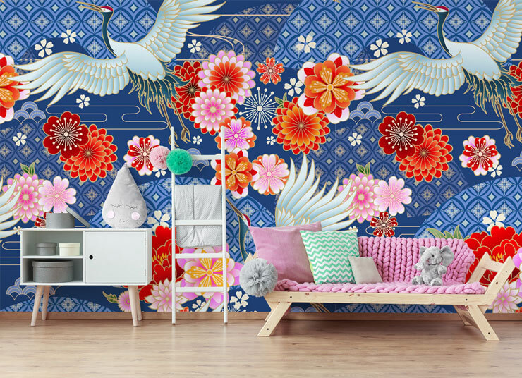 Colorful kids blue wallpaper with birds and flowers in child's pink bedroom