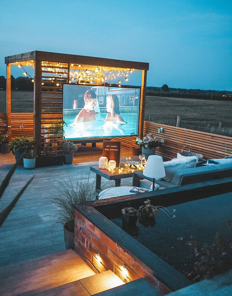 outdoor movie screen on decking