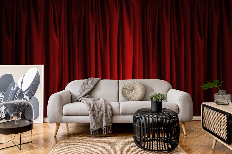 home theatre living room with red curtain wallpaper