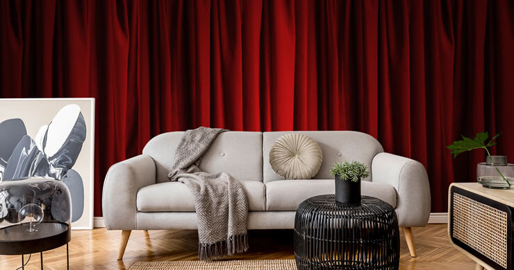 red curtain effect wallpaper in home theatre
