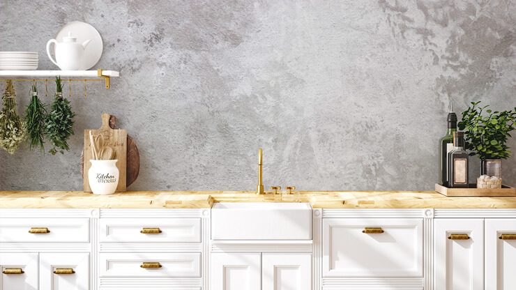 plaster industrial wallpaper in white and wooden kitchen