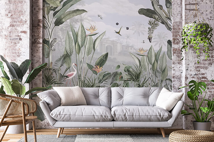 botanical boho wallpaper inspired by the jungle in simple neutral living room