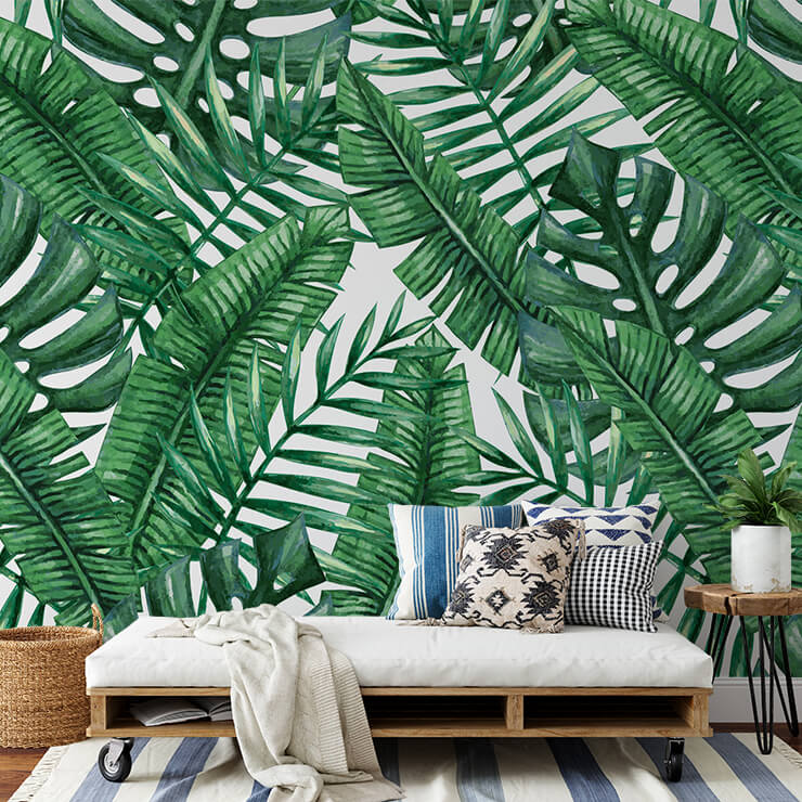 tropical leaf boho wallpaper in geometric bedroom