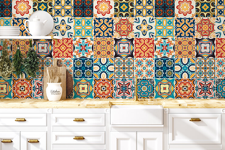 Moroccan tiles boho wallpaper in rustic kitchen 