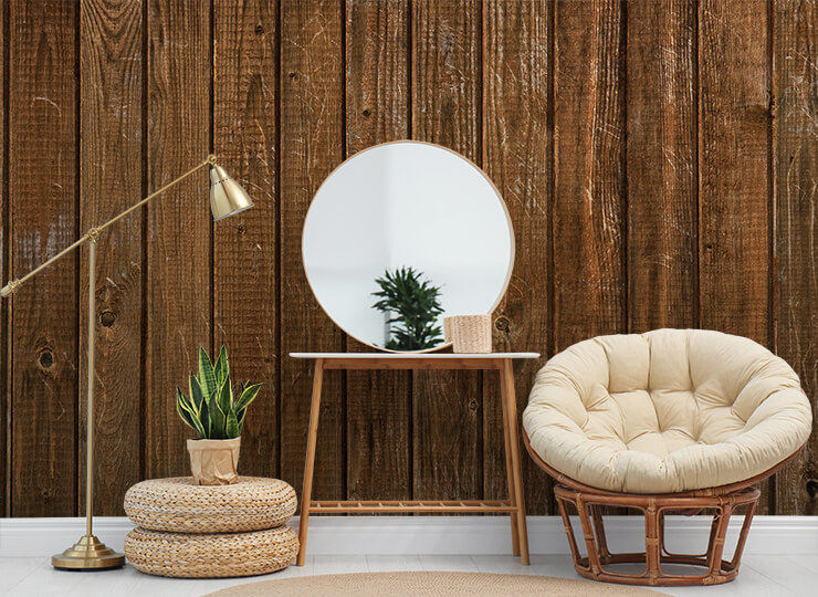 wooden textured boho wallpaper in trendy living room