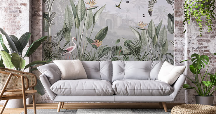 Botanical jungle boho wallpaper in neutral living room
