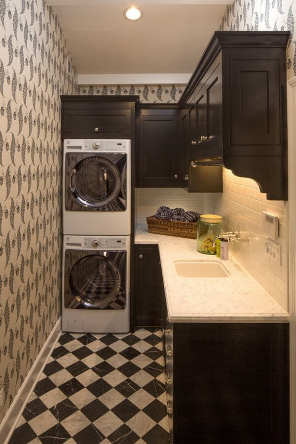 black and white vintage laundrette with stacked washing machines