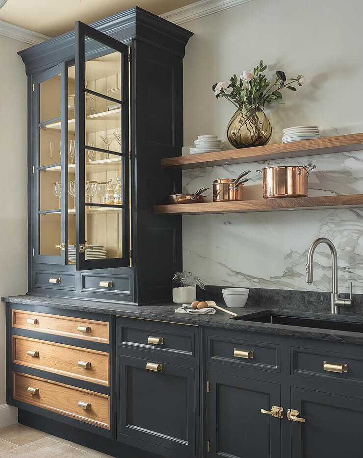 black and natural wooden kitchen units