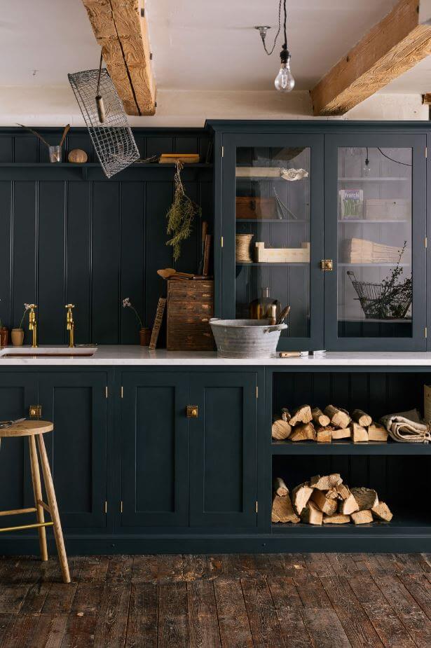 Dark Off Black Kitchen with Natural Wood Flooring