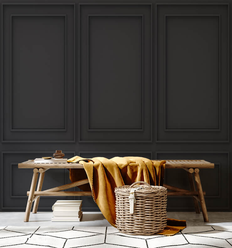 black panel effect mural in dark kitchen