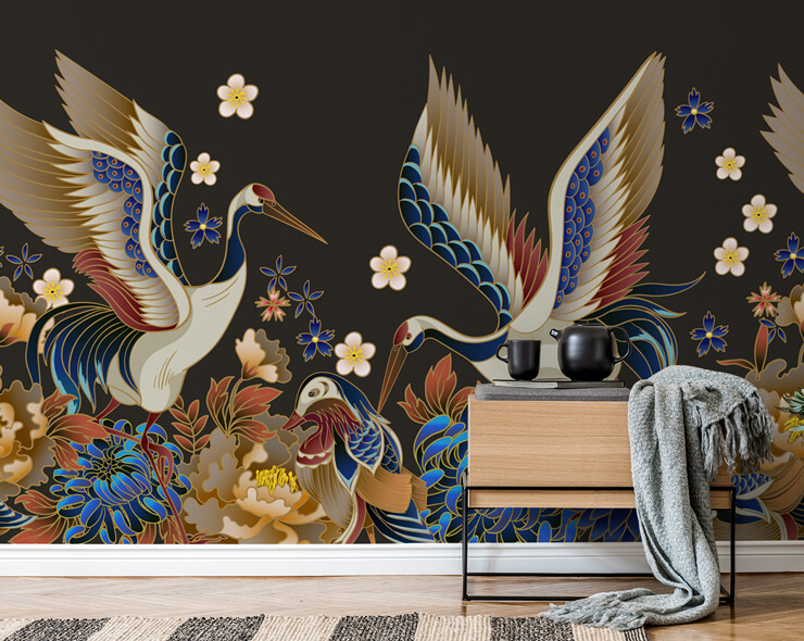 dark cranes and birds wall mural in dark kitchen area