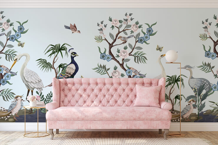 pink and duck egg blue wallpaper in vintage lounge with pink couch