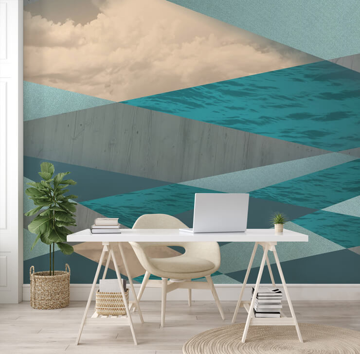 grey, white, blue geometric wallpaper in cool home office