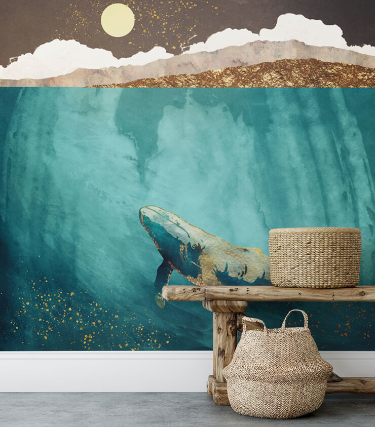 gold, blue and grey abstract ocean with whale wallpaper