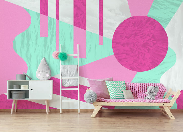 pink and green abstract wallpaper in girl's bedroom