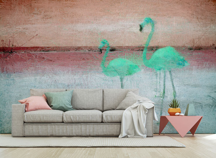 blue flamingo birds and pink background wall mural in grey and pink lounge